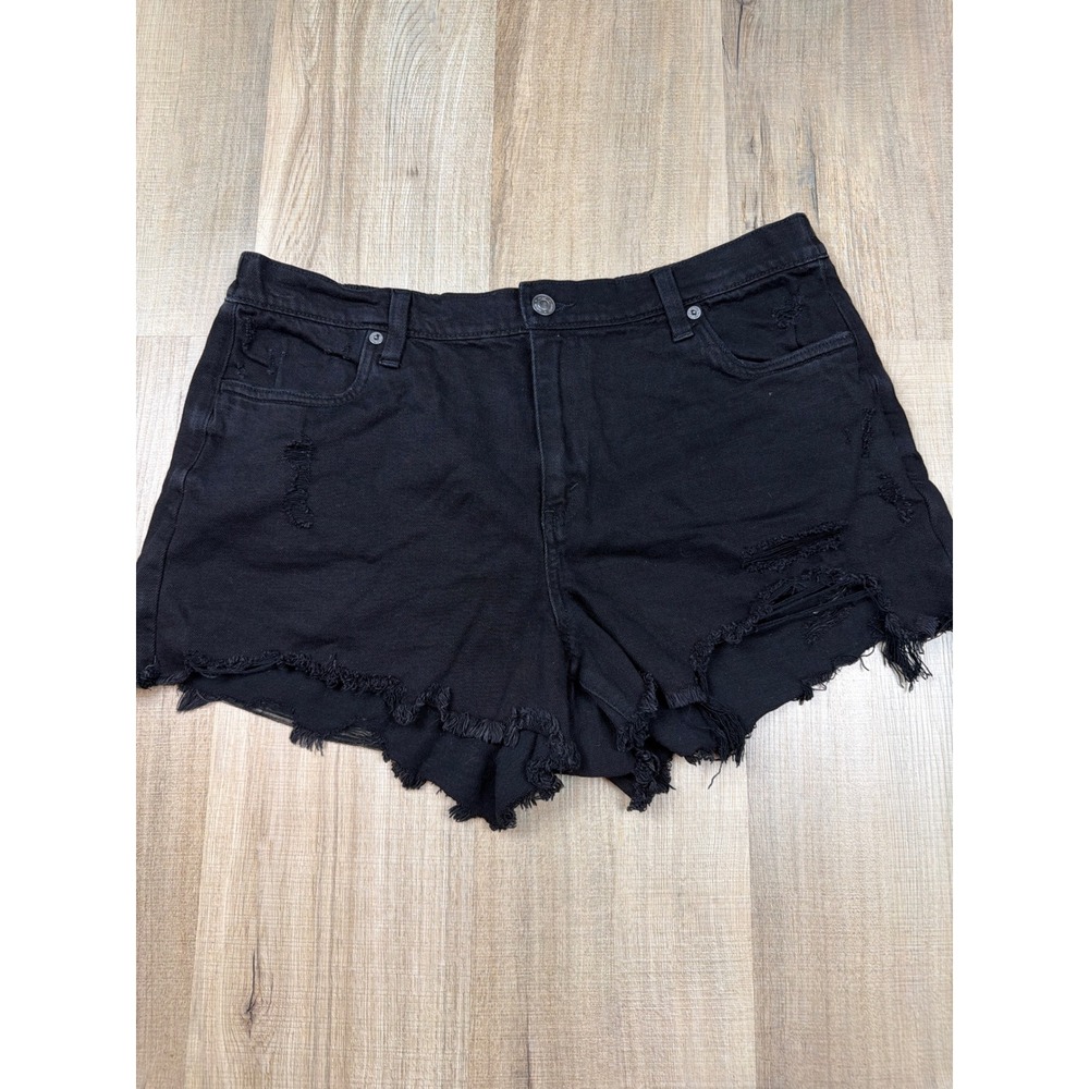 Aerie Daydream Black Distressed Denim Shorts High Waisted Frayed Hem Large